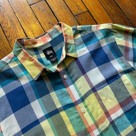 Stussy Summer Plaid Camp Button Up Shirt Men Large Multicolor Skater Preppy - Picture 4 of 8